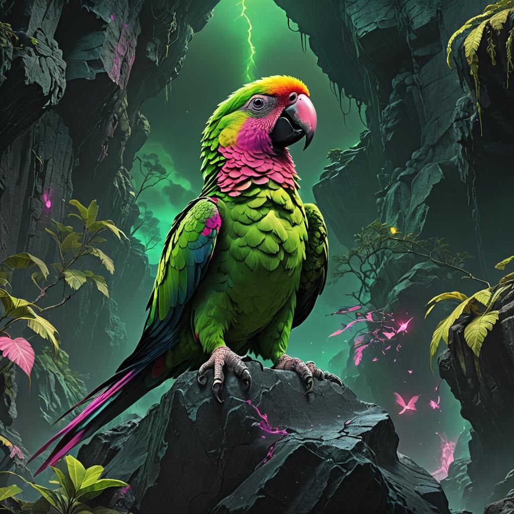 Neon Parrot on Ancient Rock, Dark Fantasy Art