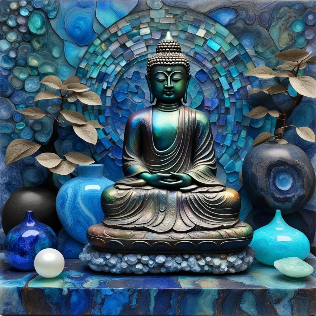 Iridescent Buddha in Twilight Garden, Digital Painting