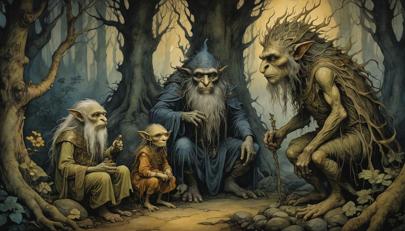 Menacing Trolls Surround Princess in John Bauer Style