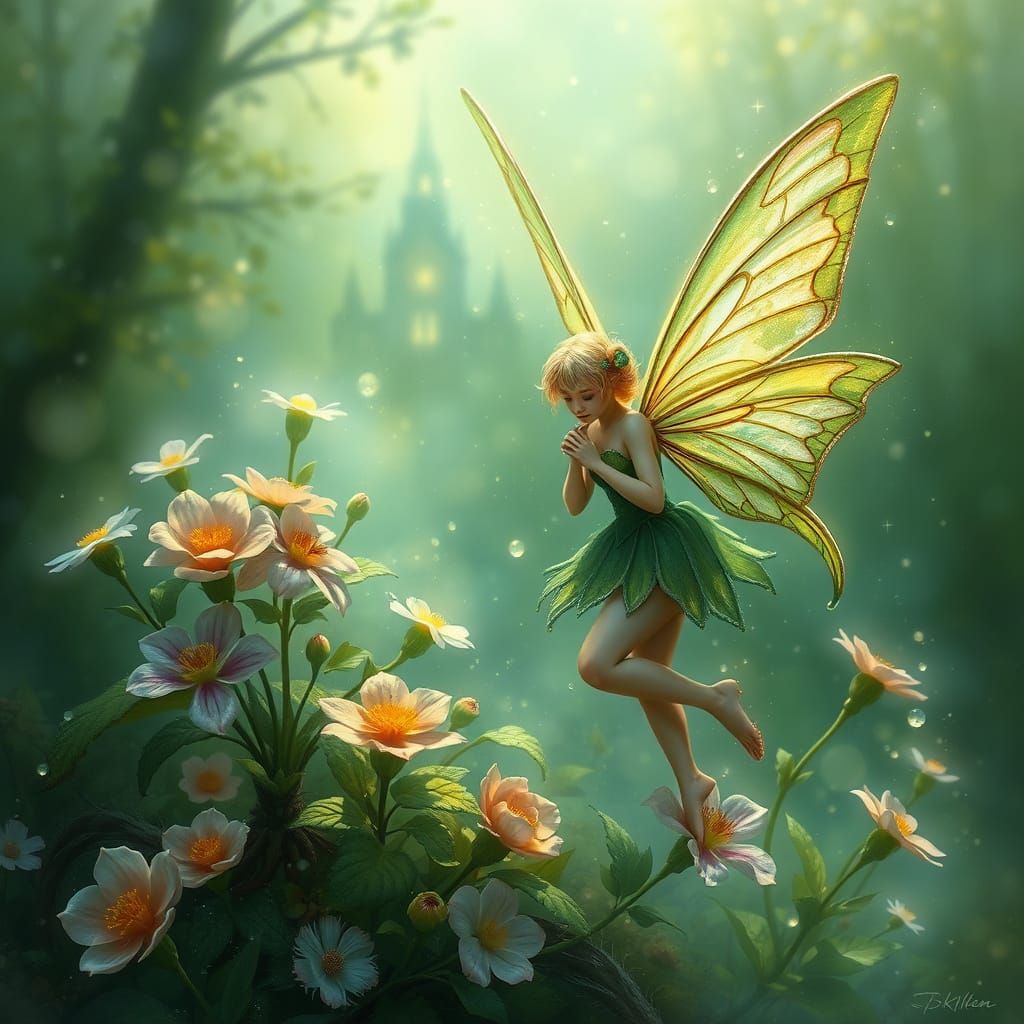 Ethereal Fantasy Green Fairy Enchants Blooming Garden