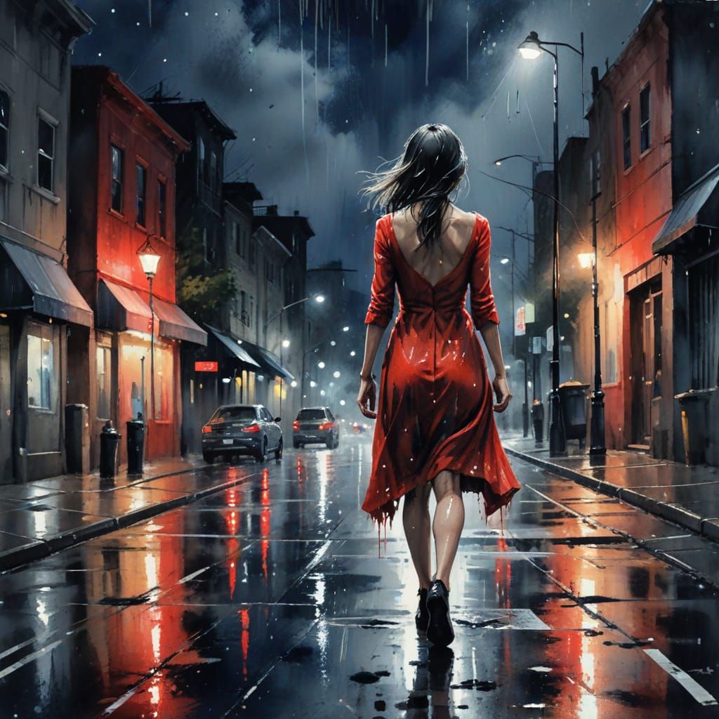 Woman in Red Dress Walking in Rain, Watercolor