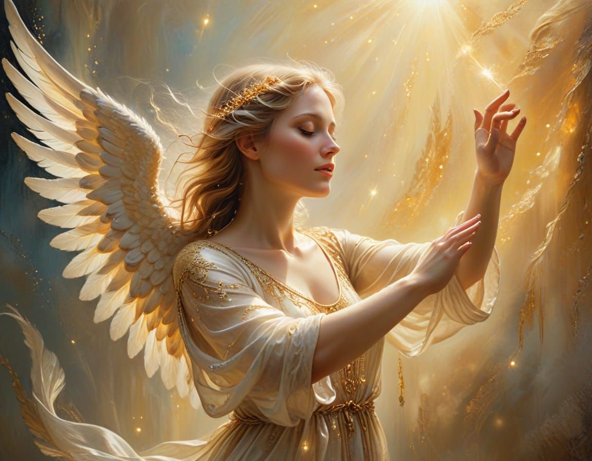 Angel in Ethereal Silks, Shimmering with Moonlit Glow