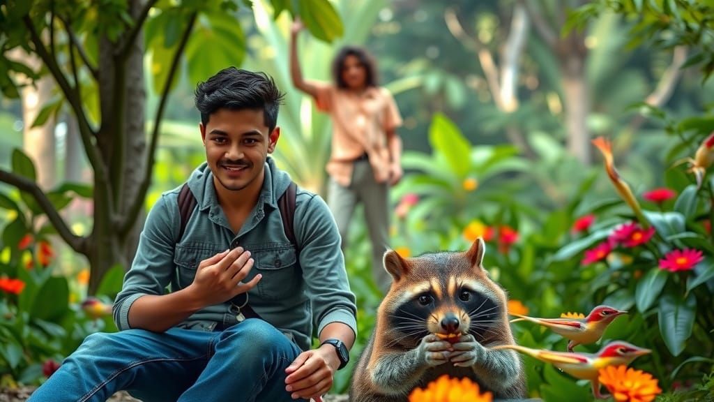 Men Feed Wildlife in Lush Park: Cinematic Film Still