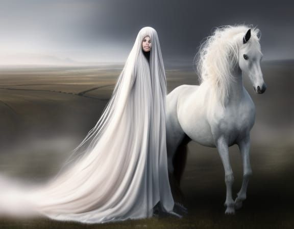 Ethereal Woman with White Horse in Watercolor