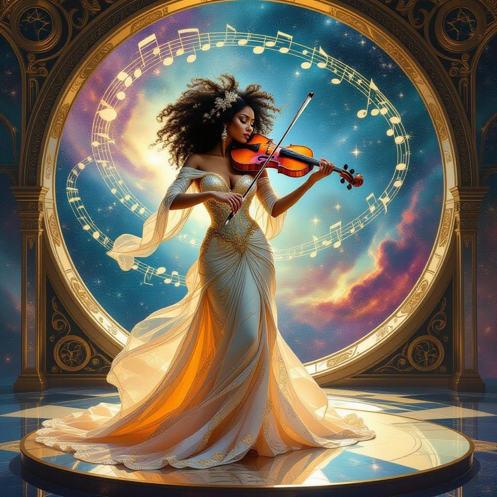 Afro-Latina Plays Golden Violin on Cosmic Stage