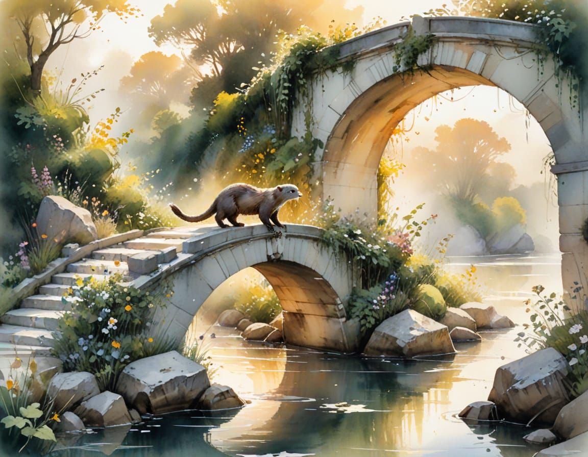 Otter's Playtime: Watercolour Stone Bridge Scene