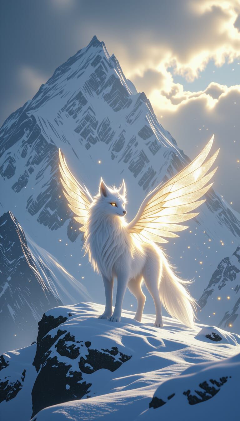Mythical Creature of Light on Snowy Peaks