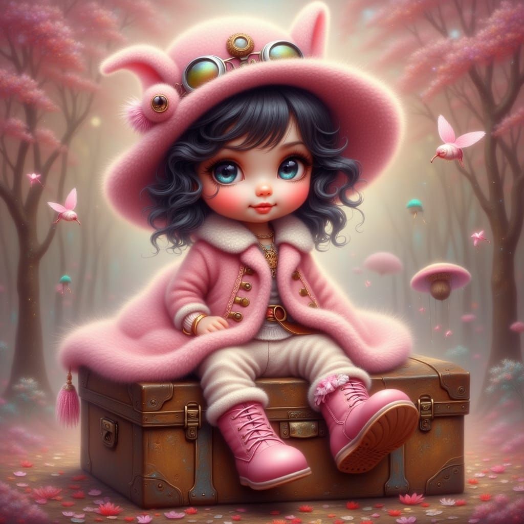 Baby Girl in Pink Steampunk Outfit on Vintage Trunk