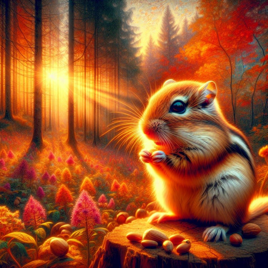 Gerbil Foraging in Autumn Forest, Impressionistic Style