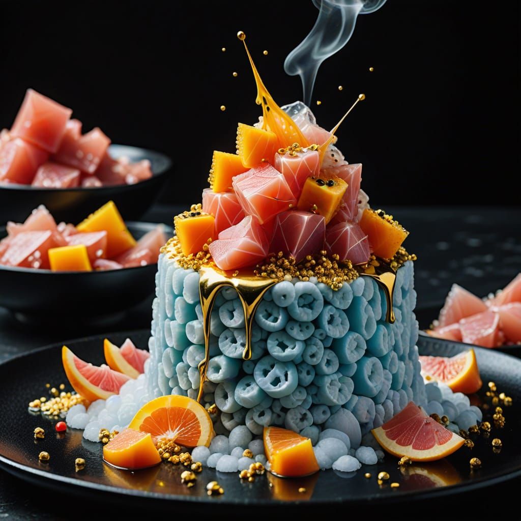 Surrealist Sashimi Tower with Gold Flakes