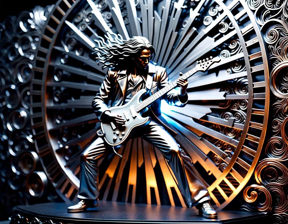 Detailed Metal Sculpture of a Heavy Metal Guitarist