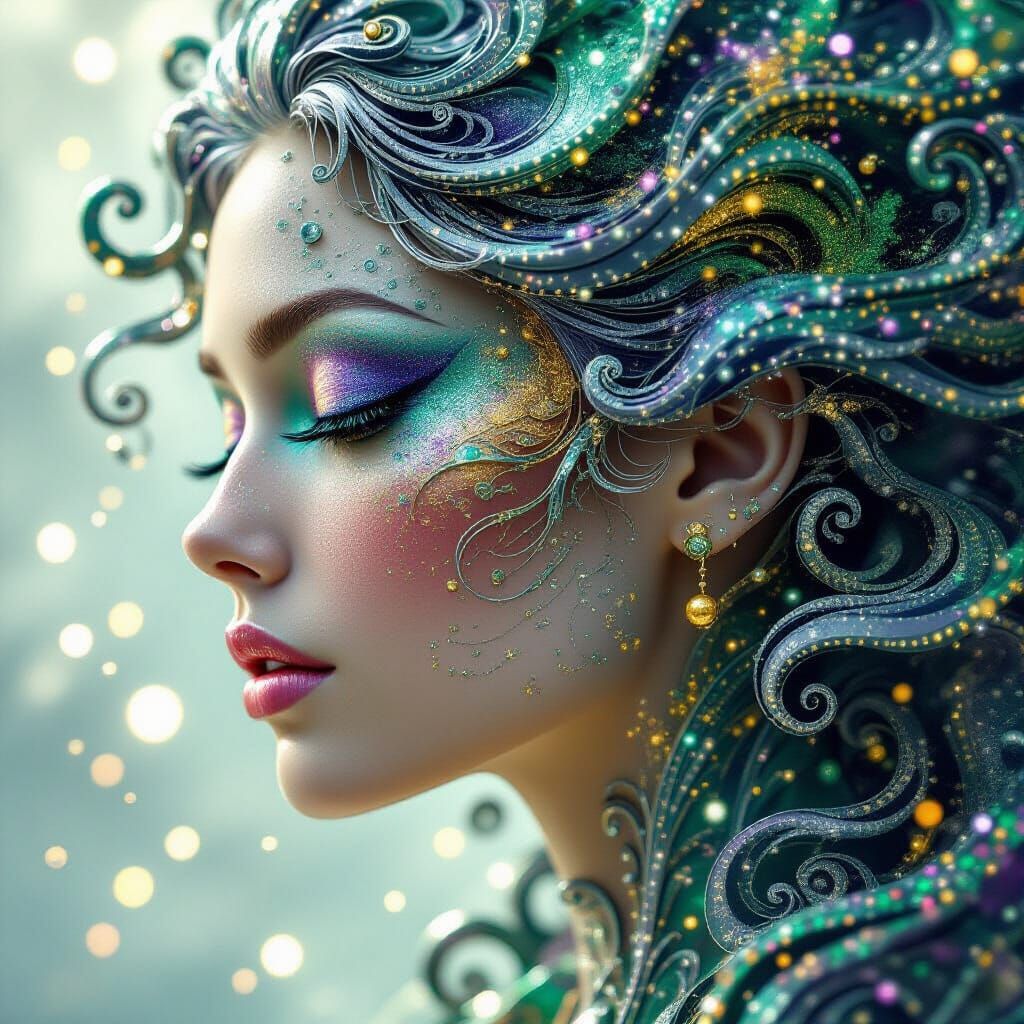 Surreal Woman Portrait with Cosmic Dust and Metallic Curls