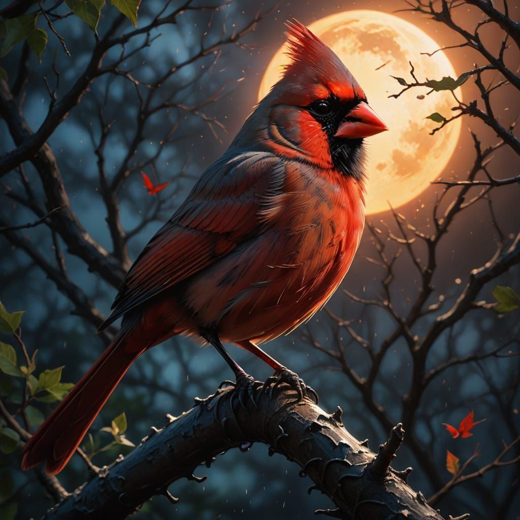 Cardinal Backlit by Moon: Hyperrealistic Splash Art