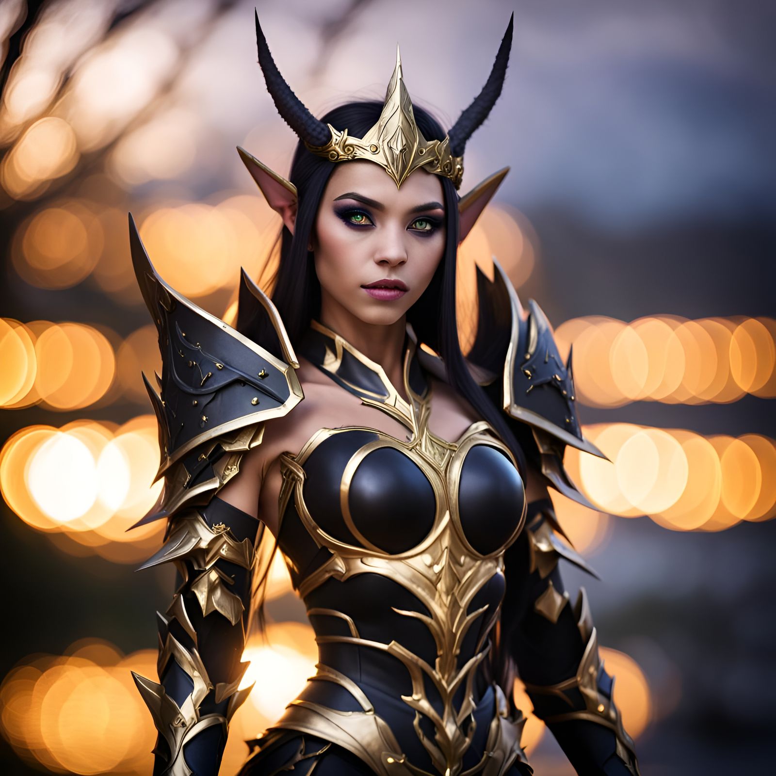 Dark Elf Queen in Gold Armor, Mystical Portrait