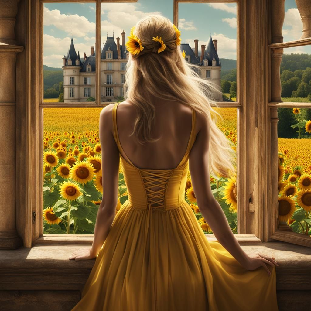 Blonde Woman Overlooking Sunflower Field