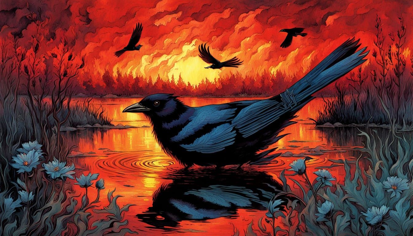 Jackdaw with Blue Eyes on Flaming River, Color Print