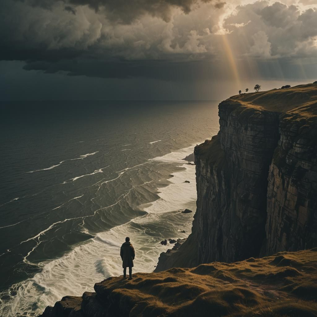 Heroic Figure on Stormy Cliff at Golden Hour