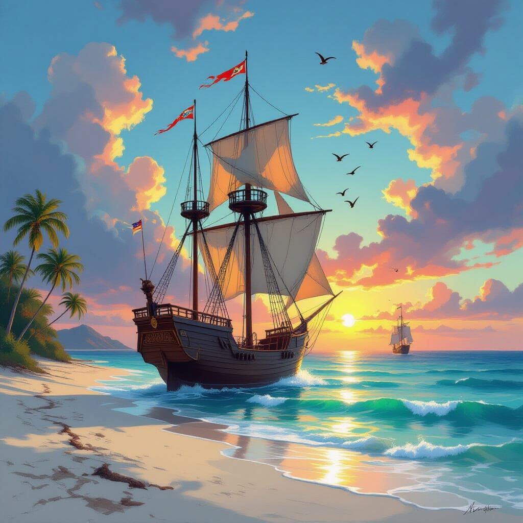 Ancient Galleon Sailing Caribbean Seas at Sunset
