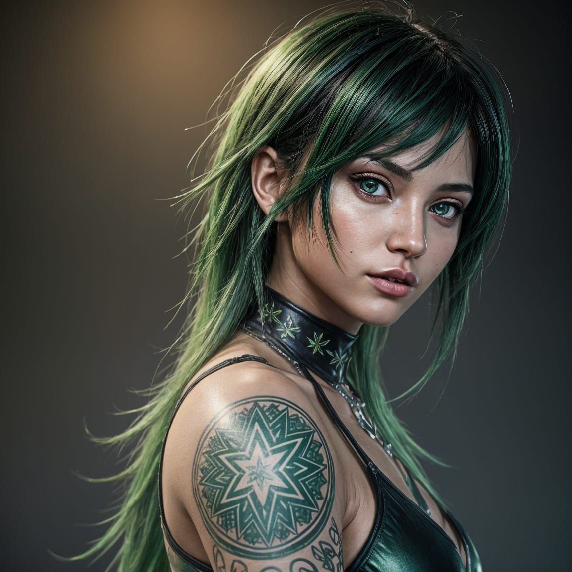 Latina Beauty: Anime-Style Portrait with Green Accents