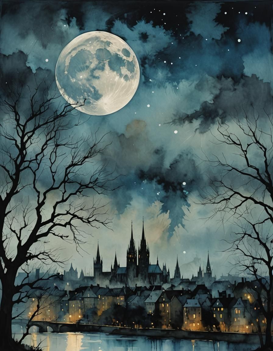 Blue Moon Over City Silhouette in Celestial Style