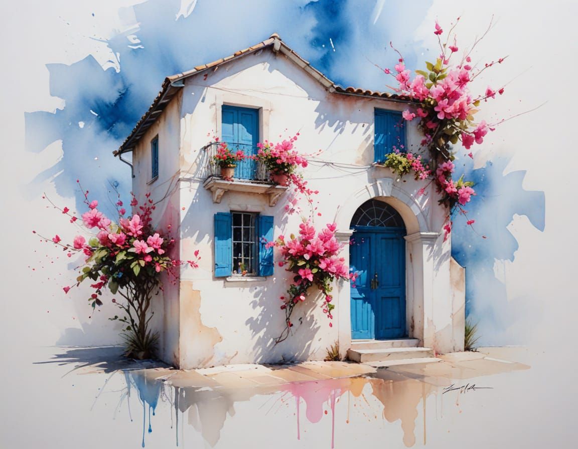 Vivid Coastal Town in High Summer Watercolor