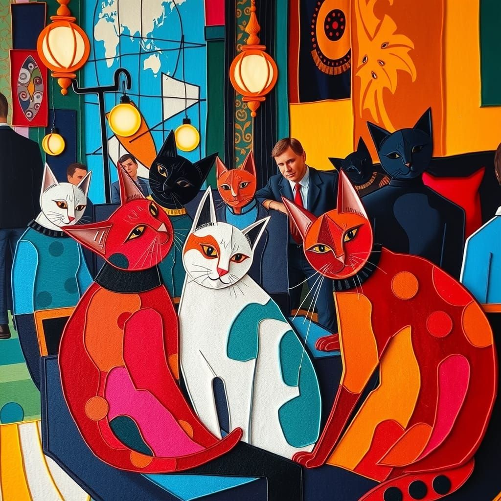 Jazz Cats in Club: 3D Embroidery in Expressionist Style