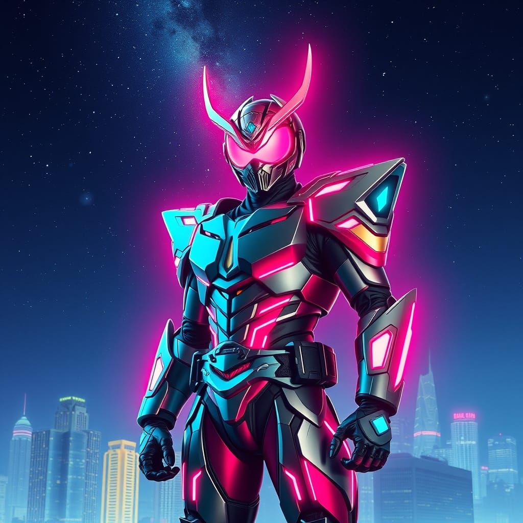 Kamen Rider Vram in Cyberpunk Neon Cityscape