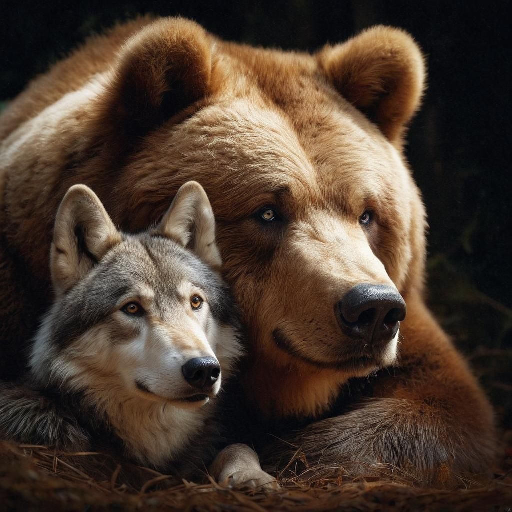 Kodiak Bear and Timber Wolf Snuggle in Darkness