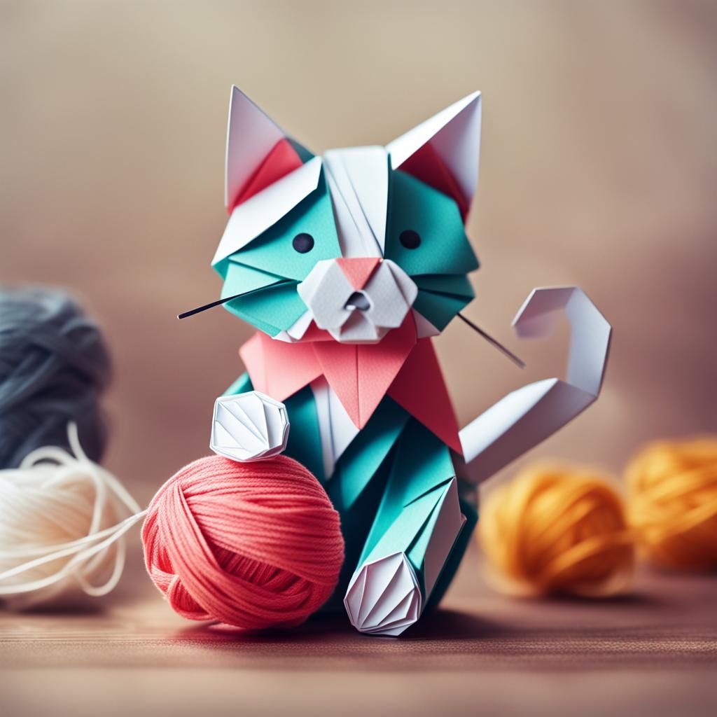 Origami Cat Plays with Yarn Ball