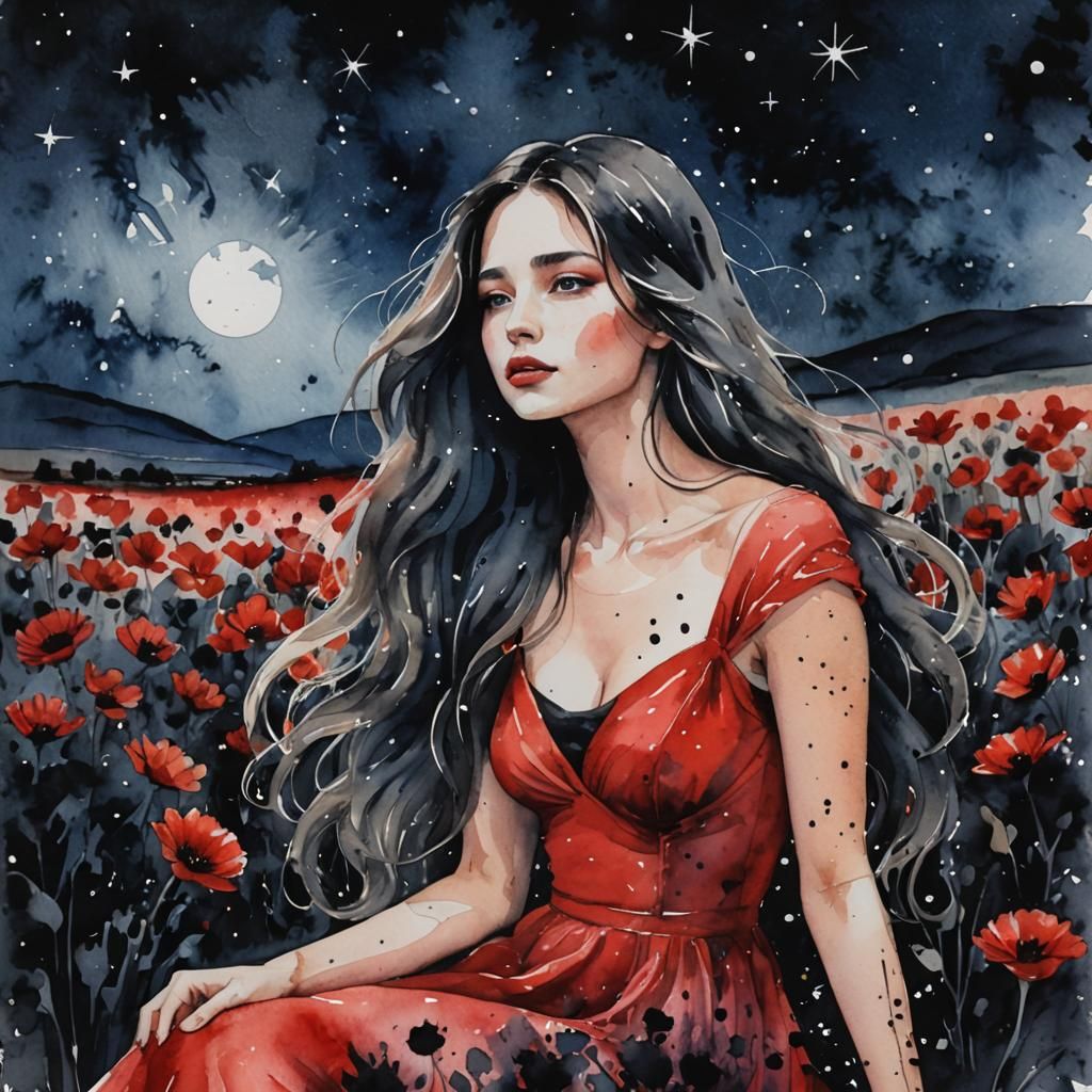 Woman in Red Dress Amidst Black Flowers