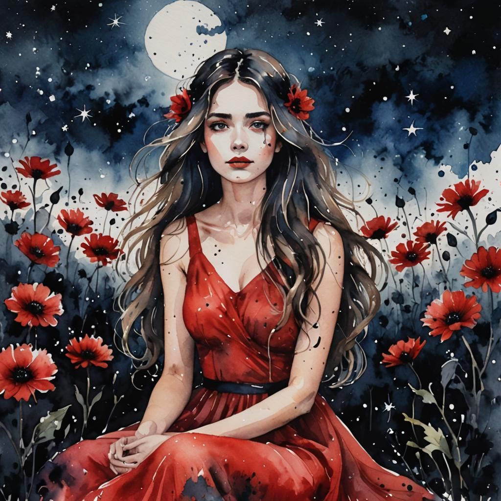 Woman in Red Dress in Watercolor Field