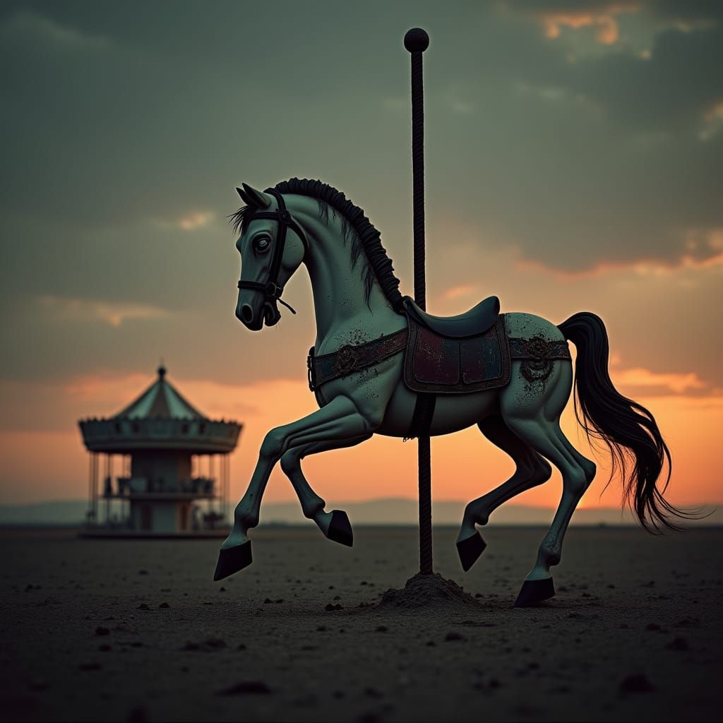 Weathered Carousel Horse in Film Noir Style