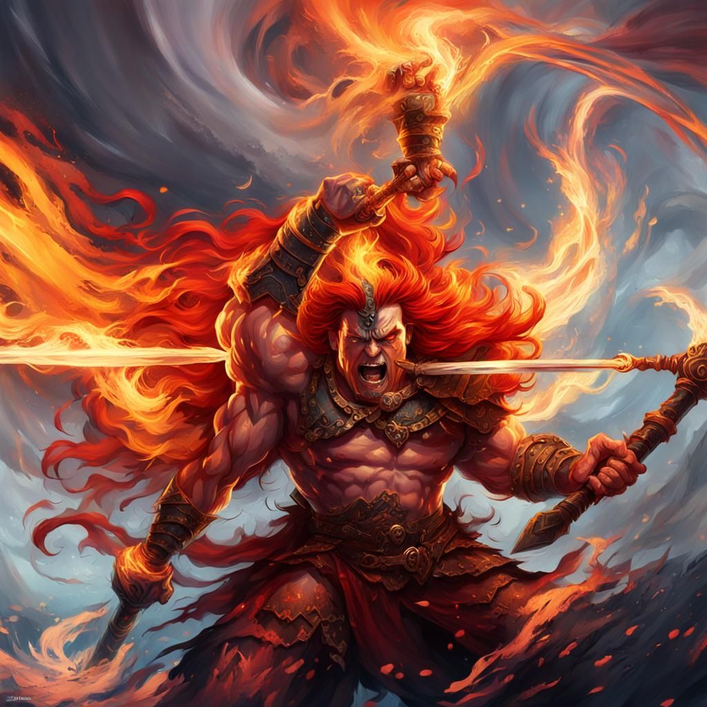 Multi-Armed Barbarian Warrior with Fire Saber