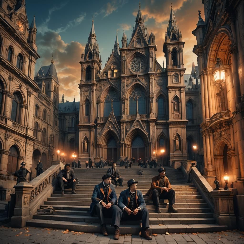 Unemployed Men in City Square: a Matte Painting