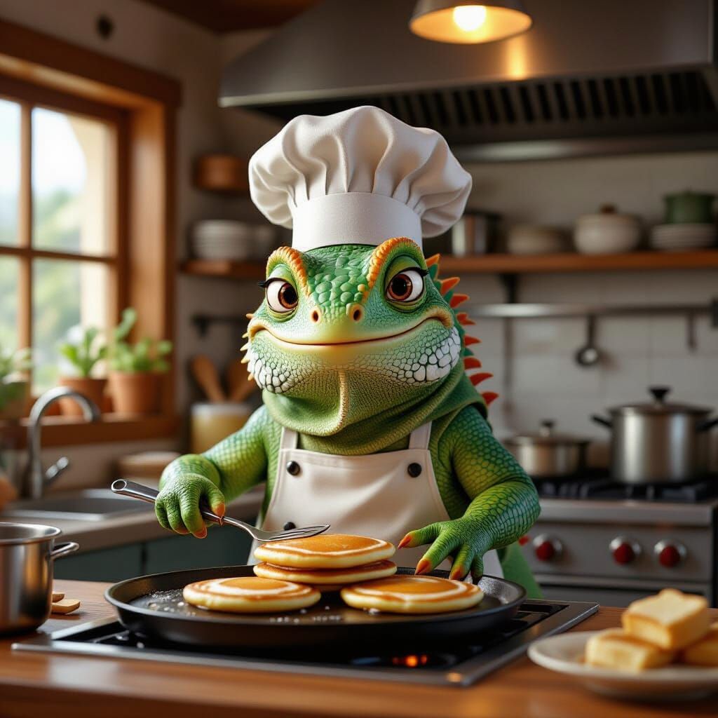 Iguana Chef Cooks Pancakes in Pixar CGI Style