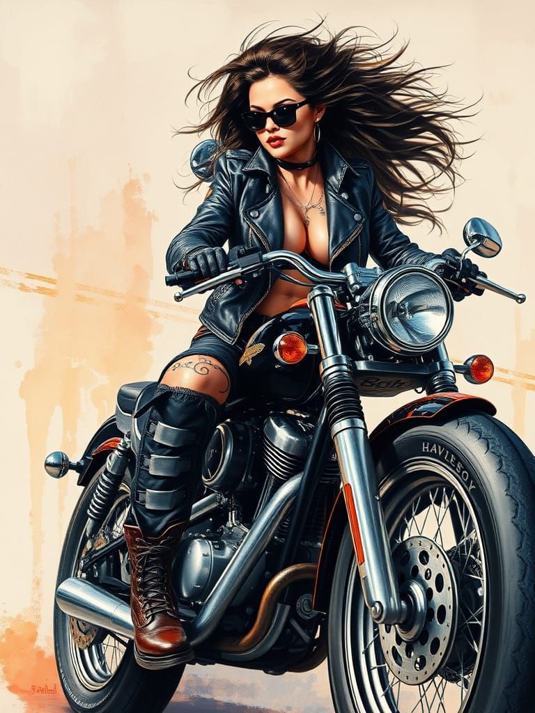Biker Woman on Harley in Pin-Up Art Style