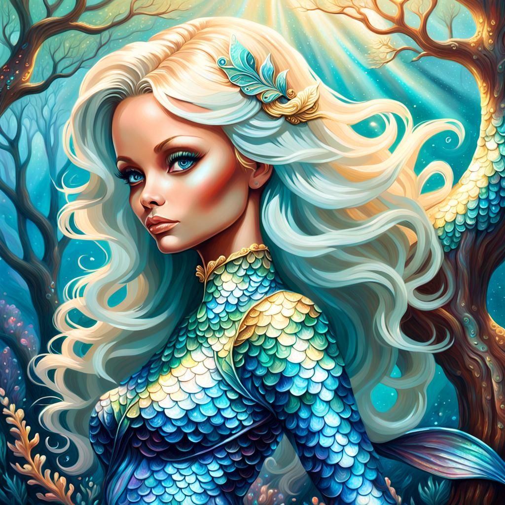 Iridescent Mermaid Portrait in a Dreamlike Landscape