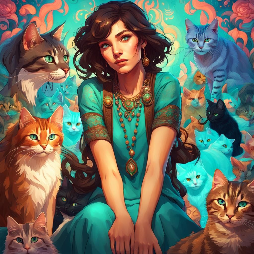 Girl Surrounded by Cats: Hyperrealistic Digital Art