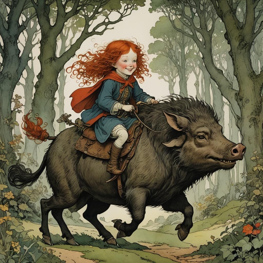 Hobbit Girl Rides Wild Boar: Fairytale Illustration