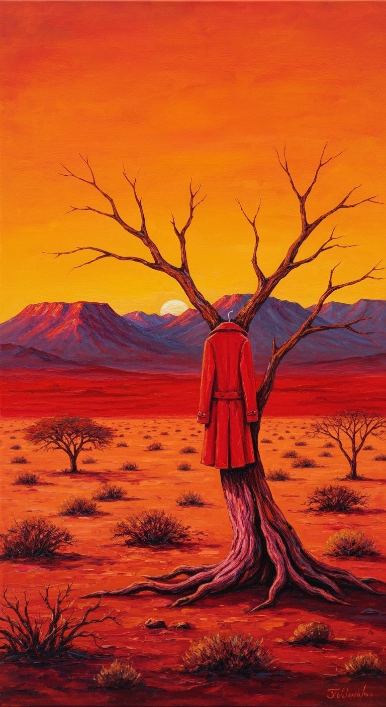 Expressionist Painting of a Lonely Red Coat in Desert Landsc...
