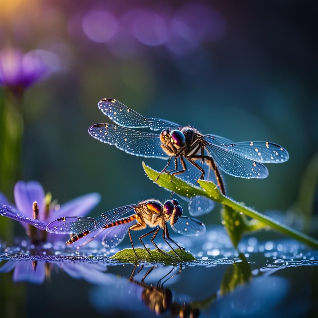 Dragonflies on Purple Wildflower Macro Photography