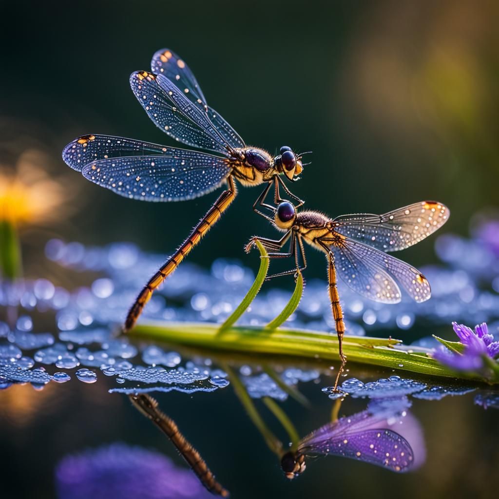 Dragonflies Bask in Golden Hour on Purple Wildflower