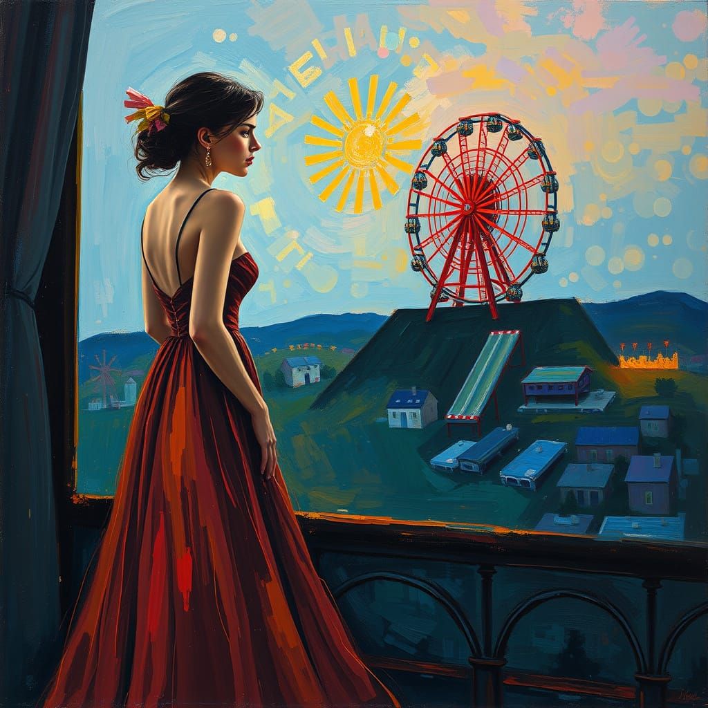 Melancholic Woman at Window with Ferris Wheel