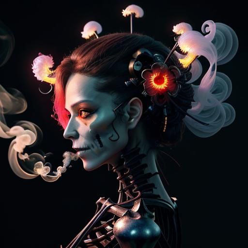 Cyberpunk Biomechanical Flower with Skeletal Face