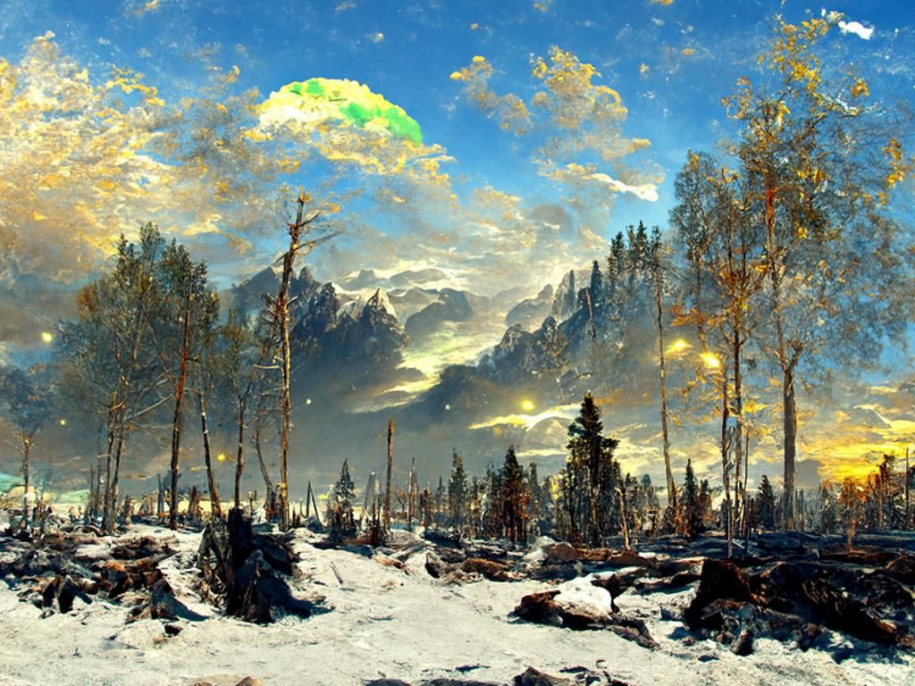 Post-Apocalyptic Winter Landscape with Aurora Borealis