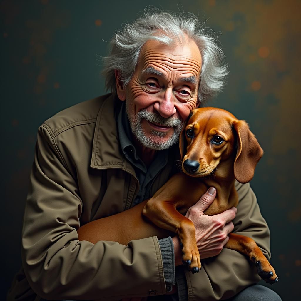 Affectionate Old Man Cradling Wiener Dog: Hyperrealistic Por...