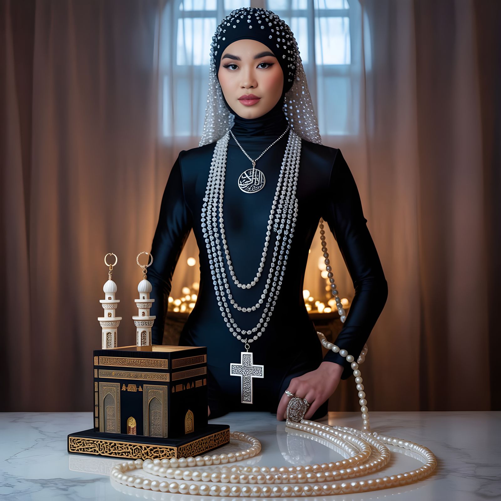 Opulent Pearl Niqab Portrait with Religious Symbols