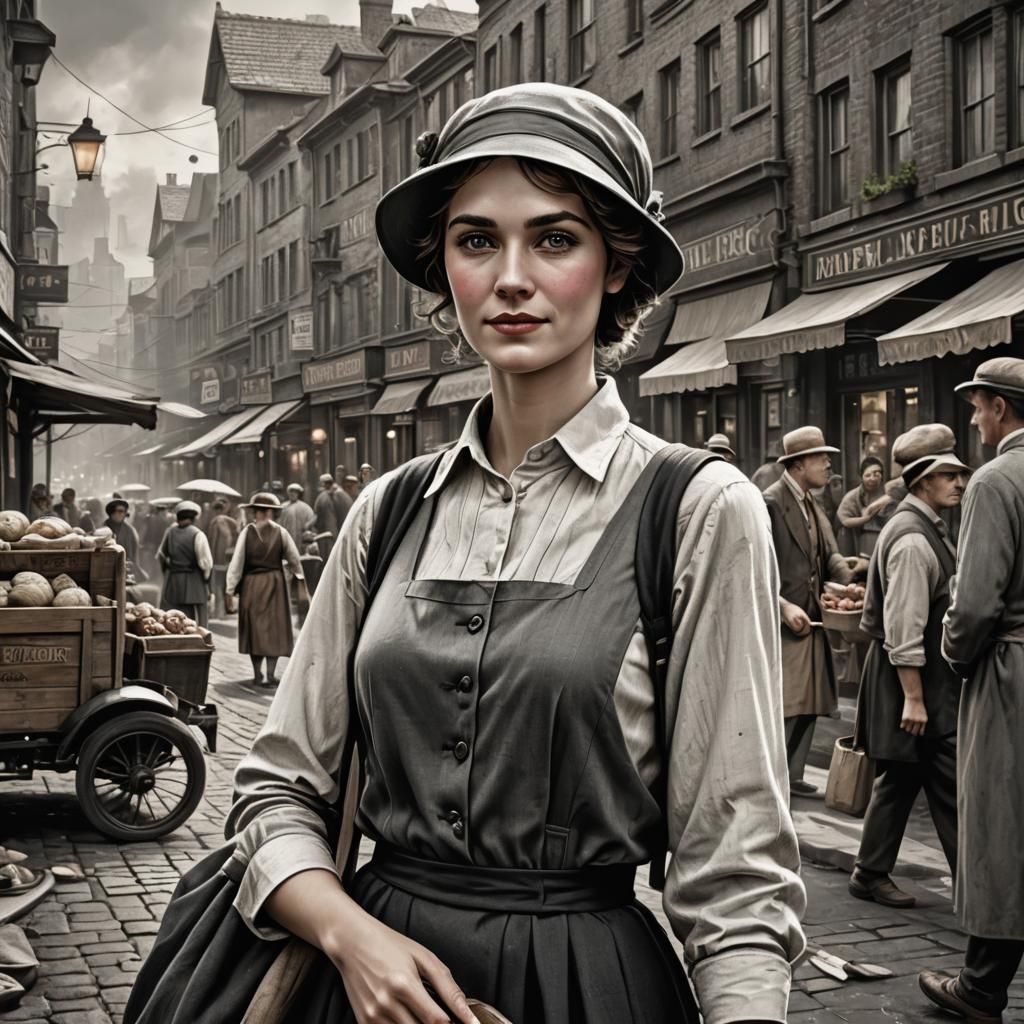 Young Housewife from Market, Vintage Illustration