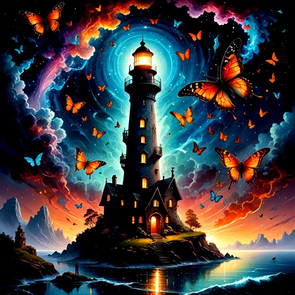 Surreal Lighthouse on Floating Island in Nebula