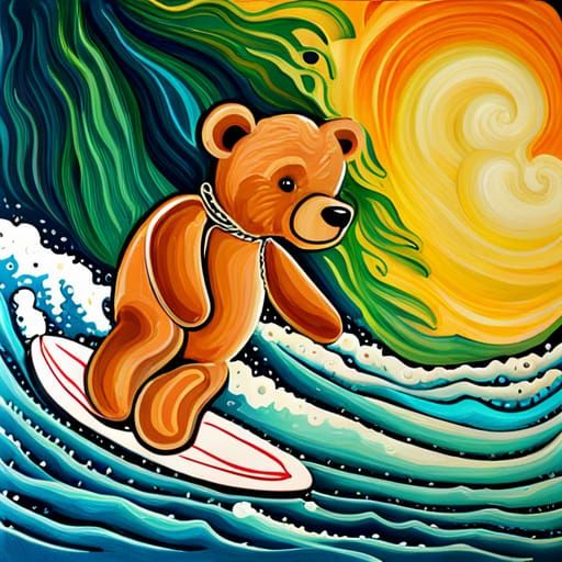 Teddy Bear Surfing in Abstract Art Style